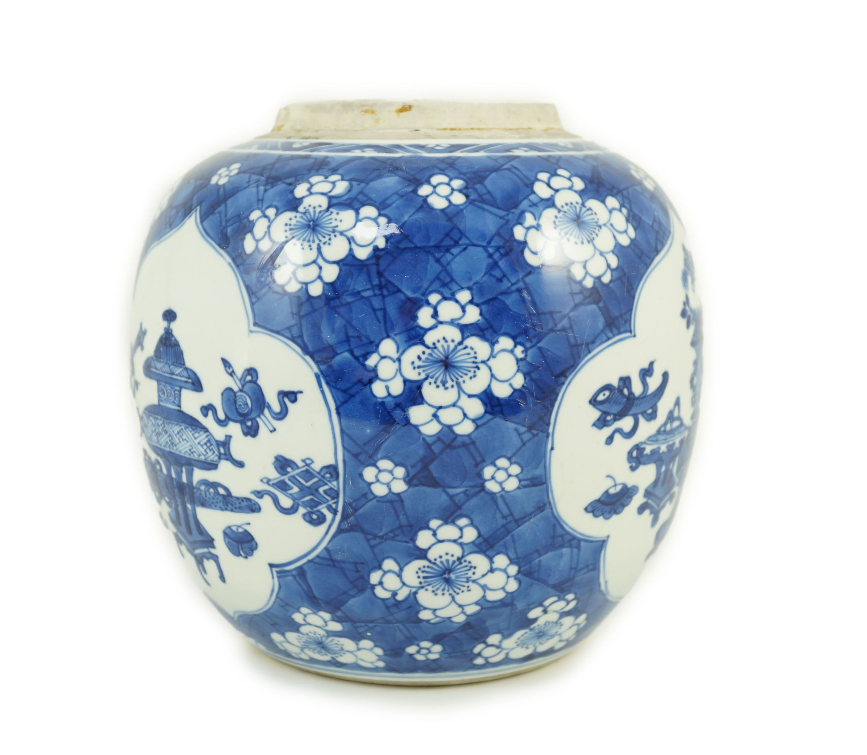 A Chinese blue and white ‘Hundred Antiques’ ovoid jar, Kangxi period, 19cm high